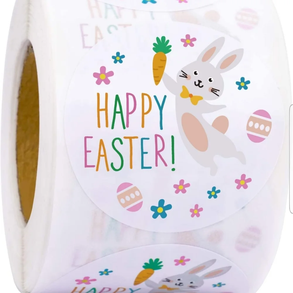 60 Ct.  2 Inch Easter Theme Stickers Labels Roll - Easter Bunny and Eggs…